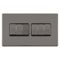 Eurolite Concealed 3mm 6 Gang 10Amp 2Way Switch in black nickel, featuring six toggle switches arranged in two rows on a rectangular plate with a smooth finish.