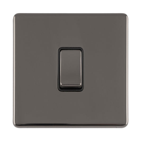 Eurolite Concealed 3mm 1 Gang Intermediate Switch in black nickel with a sleek rectangular design and a central toggle switch.