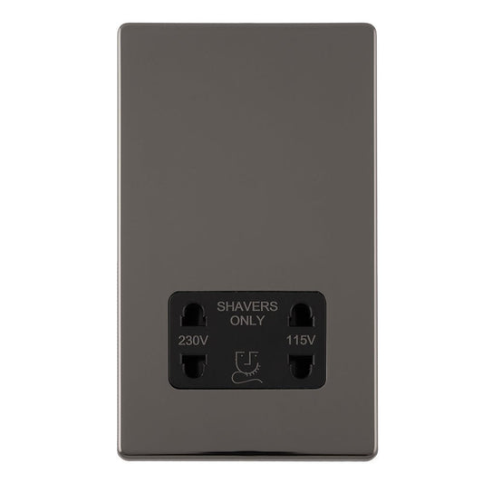 Eurolite Concealed 3mm Shaver Socket in black nickel, featuring two plug openings marked "SHAVERS ONLY" for 230V and 115V. The sleek design integrates into the wall for a streamlined look.
