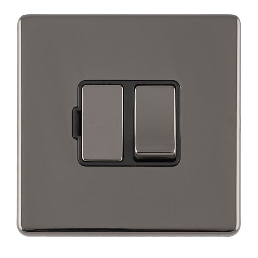 Eurolite Concealed 3mm 13Amp Switched Fuse Spur with Flex Outlet in black nickel finish, featuring a square plate design with two switches and a clean surface.