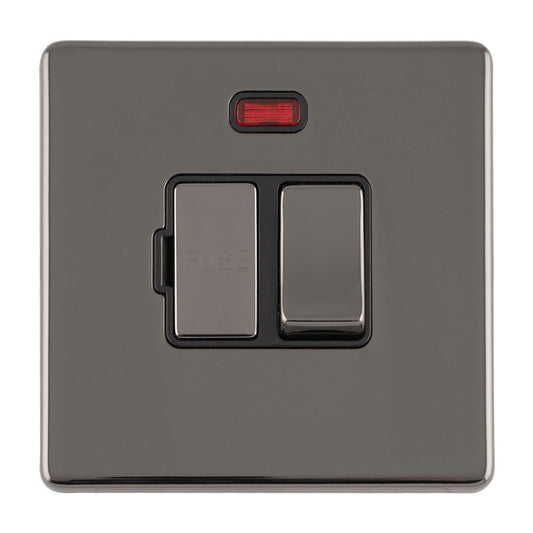 Eurolite Concealed 3mm 13Amp Switched Fuse Spur in black nickel finish, featuring a rectangular design with a red indicator light and two switches, suitable for electrical connections.