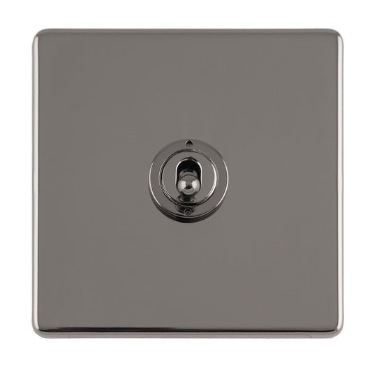 Eurolite Concealed 3mm 1 Gang 10Amp 2Way Toggle Switch in black nickel plate, featuring a square design with a central toggle mechanism and a sleek, reflective surface.