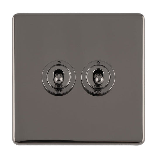 Eurolite Concealed 3mm 2 Gang 10Amp 2Way Toggle Switch in black nickel plate, featuring two round toggle switches with a sleek, reflective surface.