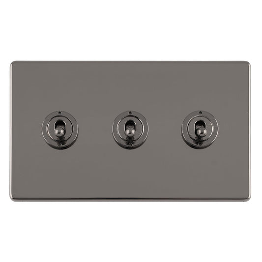 Eurolite Concealed 3mm 3 Gang 10Amp 2Way Toggle Switch in black nickel plate, featuring three toggle switches on a rectangular faceplate with a sleek finish.
