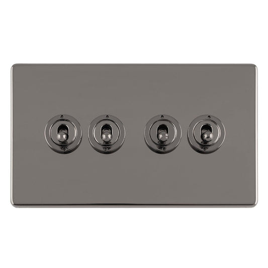 Eurolite Concealed 3mm 4 Gang 10Amp 2Way Toggle Switch in black nickel plate, featuring four toggle switches on a sleek black nickel backdrop, designed for a modern appearance.