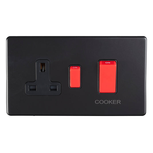 Eurolite Concealed 3mm 45Amp Switch With A Socket in matt black, featuring a black front plate, two red switches, and a socket labeled 'COOKER' for electrical appliance use.