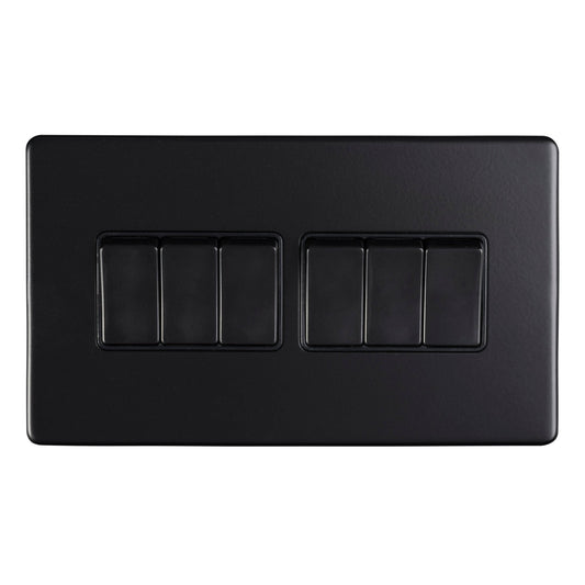 Eurolite Concealed 3mm 6 Gang Switch in matt black, featuring a rectangular design with six individual switches. The surface is smooth and sleek, suitable for a modern aesthetic.