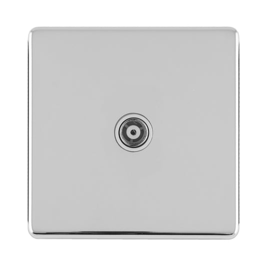 Eurolite Concealed 3mm TV socket in polished chrome with a square design and a central connection point, ideal for seamless integration into walls.