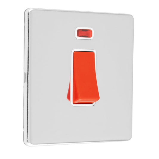 Eurolite Concealed 3mm 1 Gang 45Amp DP Switch with Neon in polished chrome finish, featuring a prominent red switch lever and a small indicator light above.