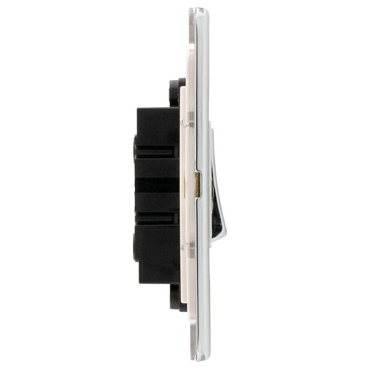 Eurolite Concealed 3mm 4 Gang 10Amp 2Way Switch in polished chrome, featuring a sleek design with a transparent faceplate and black switch mechanisms visible at the rear, suitable for various electrical applications.