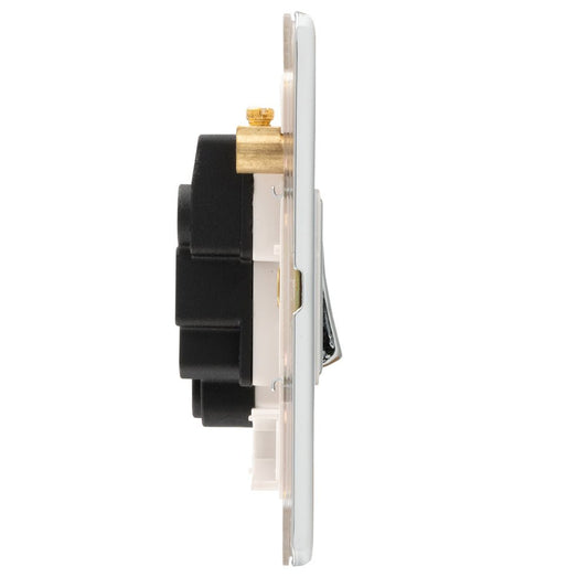 Eurolite Concealed 3mm 13Amp Switched Fuse Spur in polished chrome finish, featuring a sleek design with a side switch and brass connection point, suitable for electrical installations.
