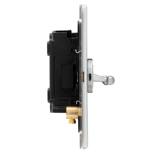 Eurolite Concealed 3mm 3 Gang 10Amp 2Way Toggle Switch in polished chrome plate, featuring a sleek design with a toggle mechanism and a black base for easy access and control.