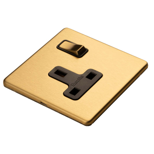 Eurolite Concealed 3mm 1 Gang 13Amp DP Switch in a satin brass finish, featuring a sleek square plate design with a single switch and two black power outlets.