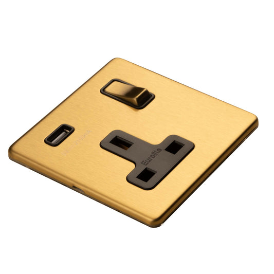 Eurolite Concealed 3mm 1 Gang Switched Socket with USB in satin brass finish, featuring a black AC socket and USB port for convenient charging.