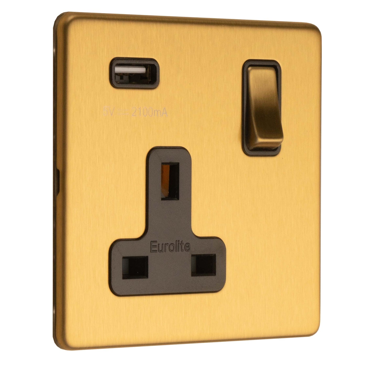 Concealed 3mm 1 Gang Switched Socket With Usb - Satin Brass