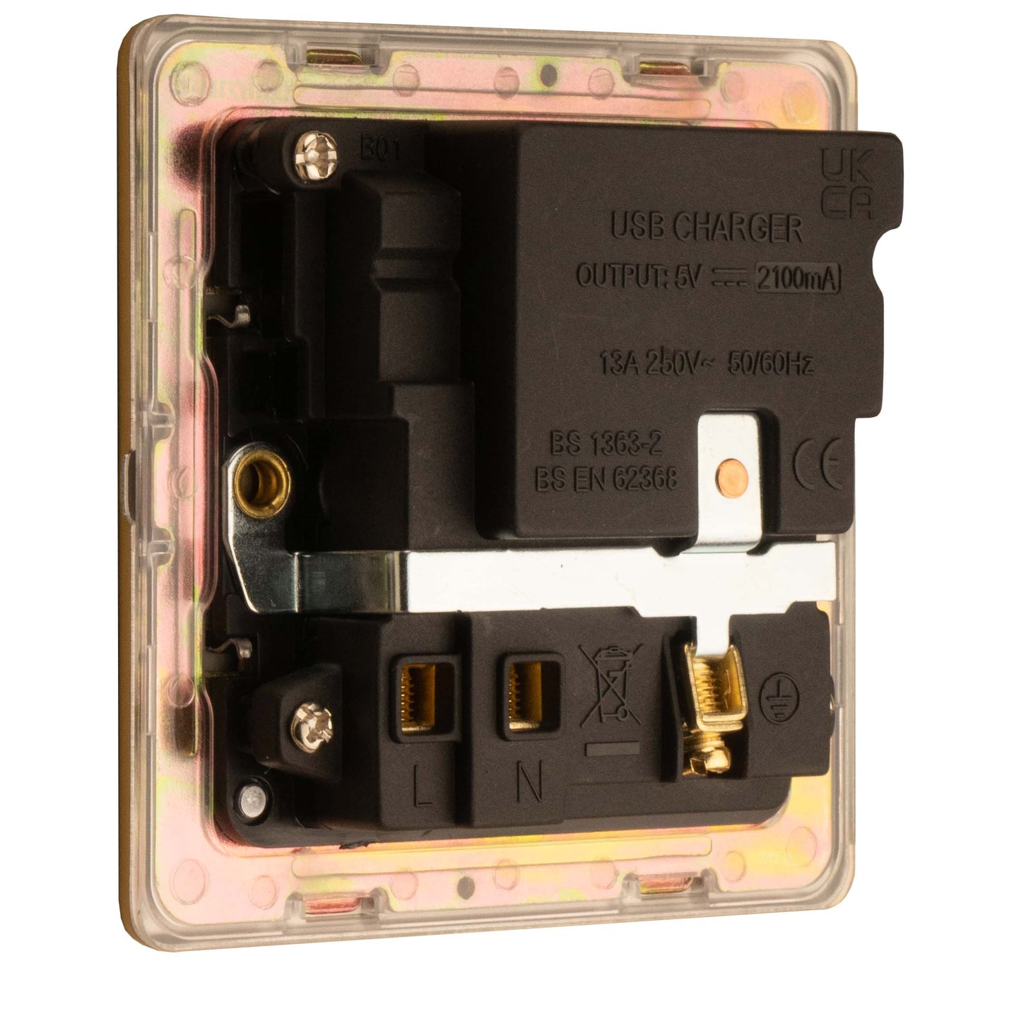 Concealed 3mm 1 Gang Switched Socket With Usb - Satin Brass
