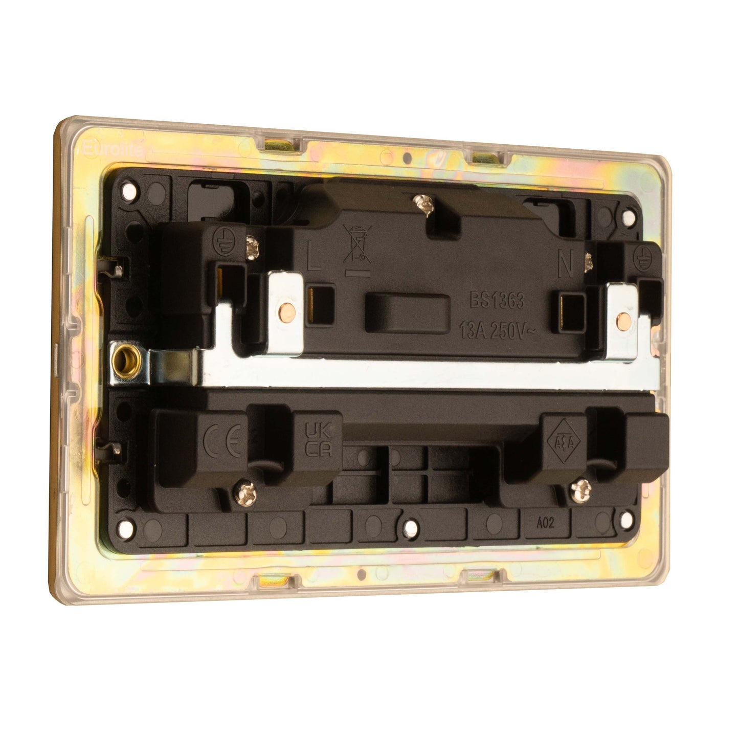 Concealed 3mm 2 Gang 13Amp Switched Socket - Satin Brass