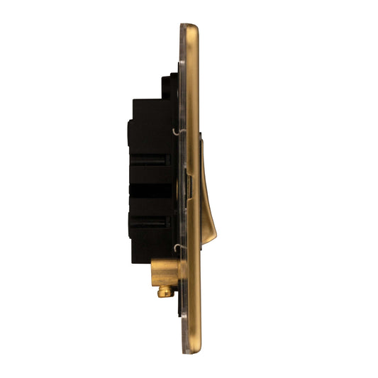 Eurolite Concealed 3mm 2 Gang 2Way Switch in satin brass finish, featuring a slim profile and a conventional toggle mechanism on the front.