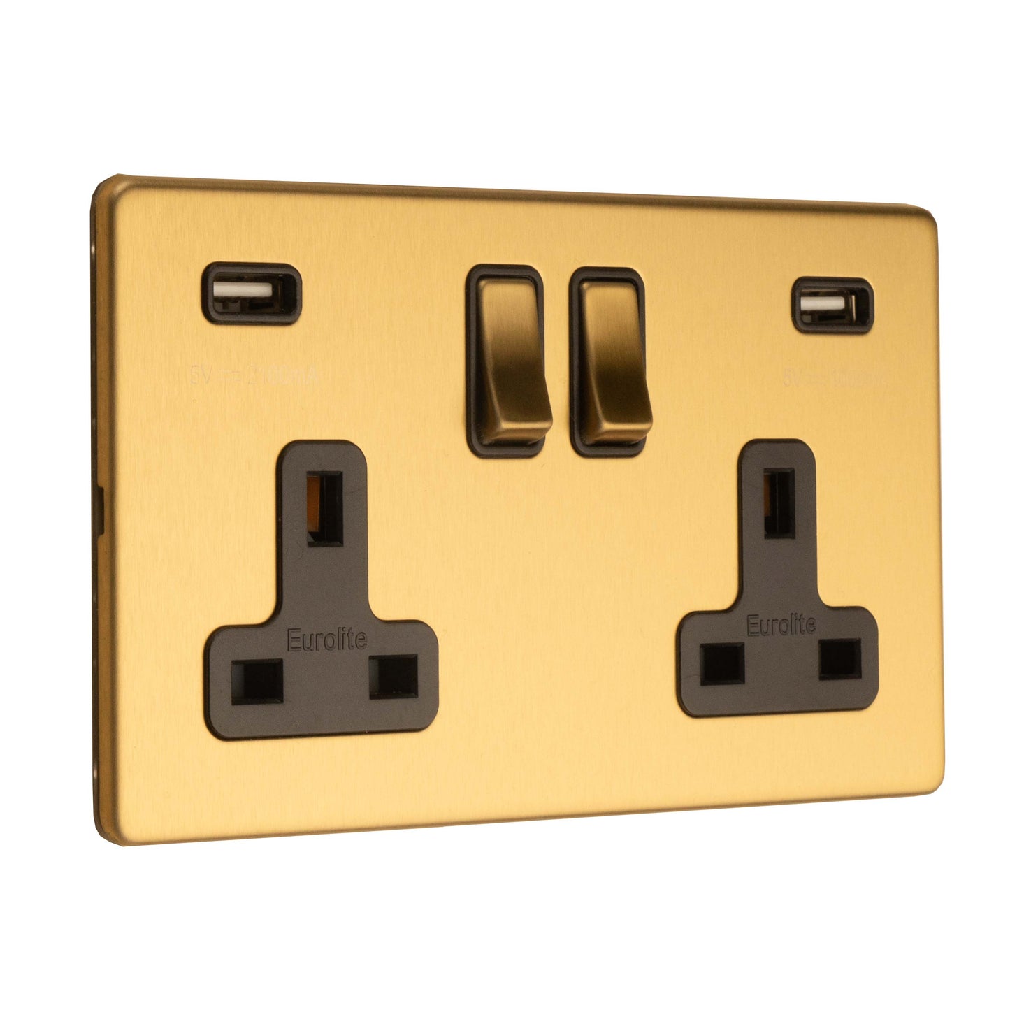 Concealed 3mm 2 Gang 13Amp Switched Socket With Usb - Satin Brass
