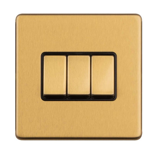 Eurolite Concealed 3mm 3 Gang 2Way Switch in satin brass finish, featuring three rectangular switches set within a sleek, square plate.