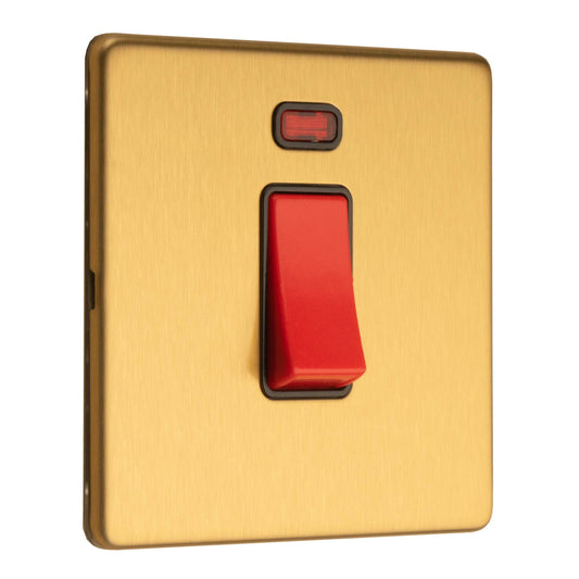Concealed 3mm 1 Gang 45 Amp Switch With Neon Indicator - Satin Brass