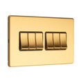 Eurolite Concealed 3mm 6 Gang 2Way Switch in satin brass, featuring six toggle switches on a flat, rectangular plate with a brushed finish.