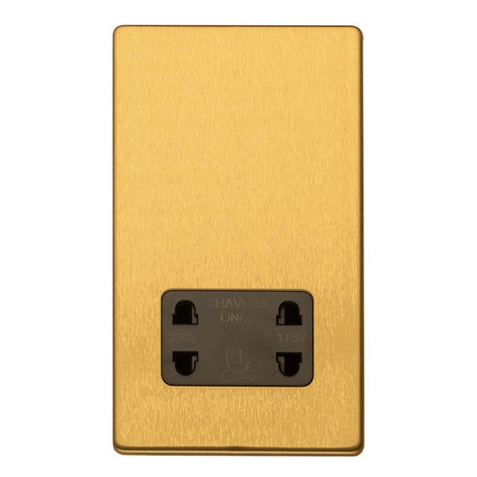 Eurolite Concealed 3mm 2 Gang Shaver Socket in satin brass finish, featuring a minimalist rectangular design with a black shaver socket opening.