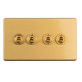 Eurolite Stainless Steel 4 Gang Toggle Switch in satin brass, featuring four circular toggle switches with a sleek finish, mounted on a rectangular plate.