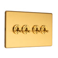 Eurolite Stainless Steel 4 Gang Toggle Switch in satin brass finish, featuring four toggles set on a rectangular wall plate with a brushed texture.
