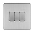 Eurolite Concealed 3mm 3 Gang 10Amp 2Way Switch in stainless steel featuring three buttons on a square plate with a brushed finish.