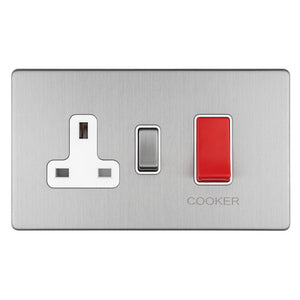 Eurolite Concealed 3mm 45Amp DP Cooker Switch with 13Amp Socket in stainless steel, featuring a red toggle switch and a standard UK plug socket, designed for kitchen use, with a modern brushed finish.