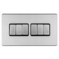 Eurolite Concealed 3mm 6 Gang 10Amp 2Way Switch in stainless steel featuring six rocker switches arranged in two horizontal rows on a brushed metallic plate.