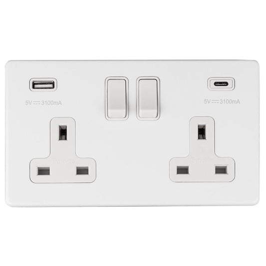 Eurolite Concealed 3mm 2 Gang 13Amp Switched Socket in matt white, featuring two power sockets and two USB-C ports for charging, all set within a sleek white faceplate.