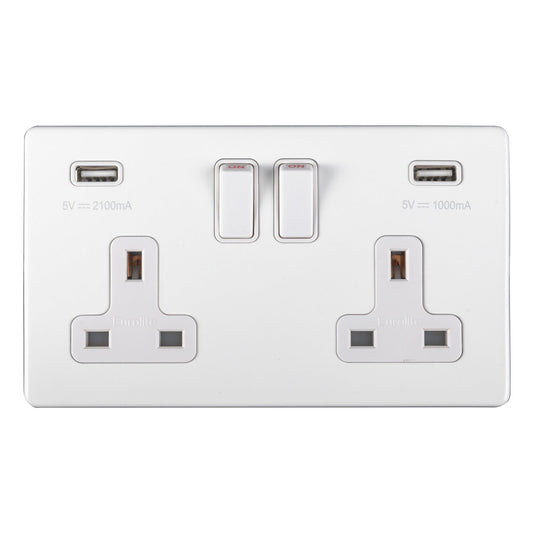 Eurolite Concealed 3mm 2 Gang USB Socket in matt white, featuring two standard power outlets and two USB charging ports, designed with a sleek, flat surface for modern installations.