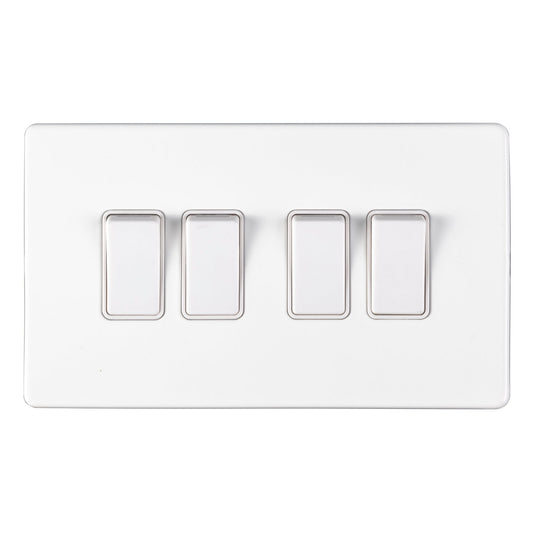 Eurolite Concealed 3mm 4 Gang Switch in matt white, featuring a smooth surface with four rectangular switch plates in a sleek, contemporary design.