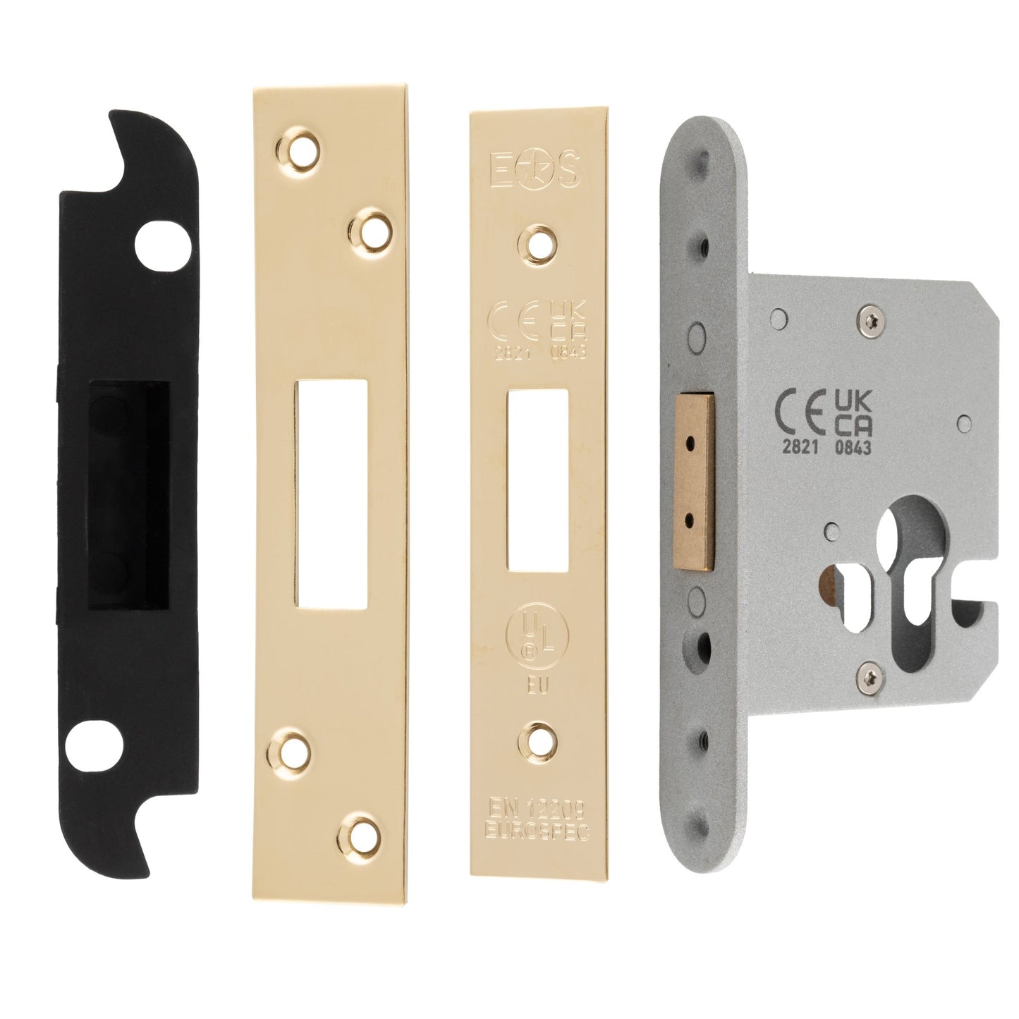 Carlisle Brass Easi-T Euro Profile Deadlock illustrated with four components: a black faceplate, two gold finish strike plates, and a silver body with a lock mechanism, demonstrating the product's parts and finishes.