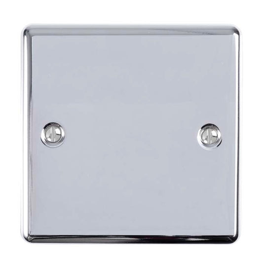 Eurolite Enhance Decorative Single Blank Plate in polished chrome, featuring a square design with rounded edges and two visible screw holes for installation.