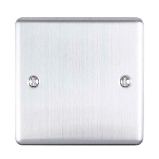 Eurolite Enhance Decorative Single Blank Plate in satin stainless finish, featuring a smooth surface and two mounting screws for installation.