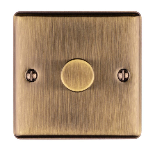 Eurolite Enhance Decorative 1 Gang Dimmer in antique finish, featuring a round dimmer knob at the center with two visible mounting screws on a square plate with a brushed texture.