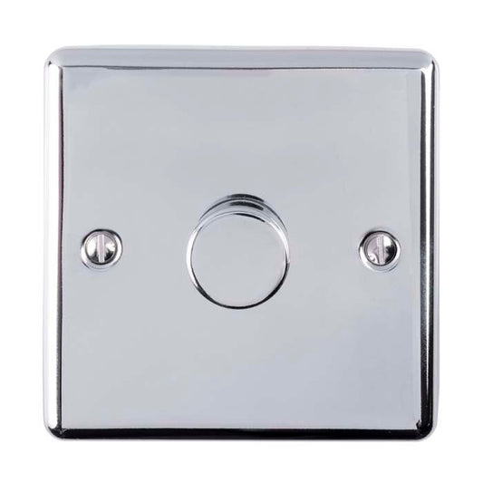 Eurolite Enhance Decorative 1 Gang Dimmer in polished chrome with a round control knob and two mounting screws, featuring a square faceplate that reflects light.