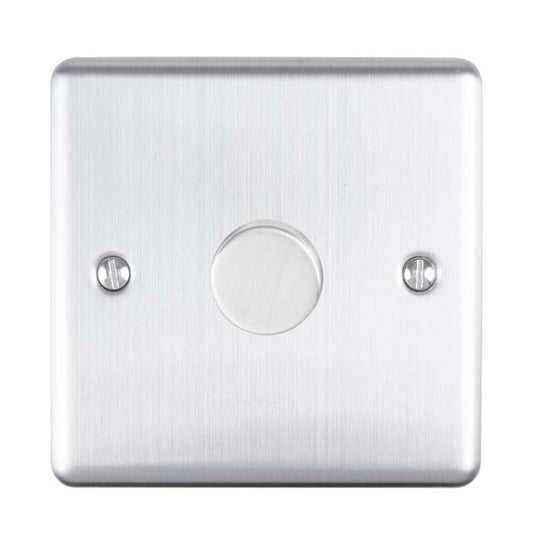 Eurolite Enhance Decorative 1 Gang Dimmer in satin stainless finish, featuring a round control knob centered on a square plate with a brushed metal appearance and two mounting screws.