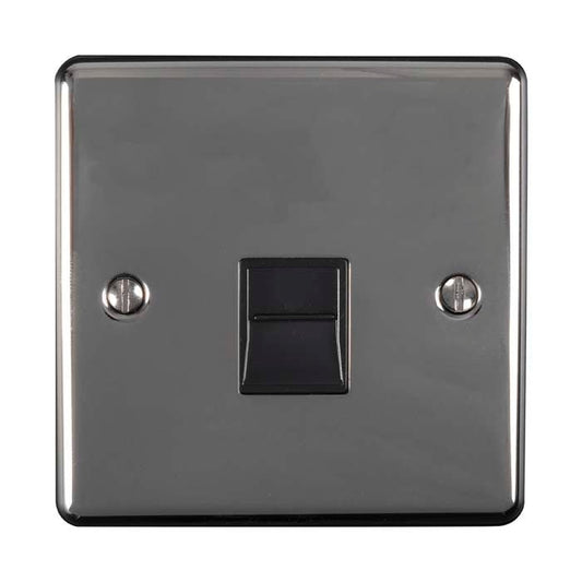 Eurolite Enhance Decorative Telephone Slave in black nickel finish, featuring a square shape with a central black switch and two visible screws on the sides.