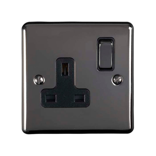 Eurolite Enhance Decorative 1 Gang Socket in black nickel, featuring a single socket and a switch, with a sleek surface and rounded corners.
