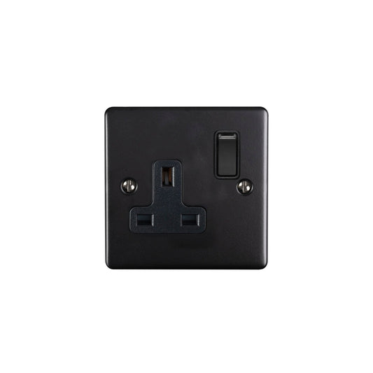 Eurolite Enhance Decorative 1 Gang Socket in matt black with a single power outlet and a switch, featuring a square shape with visible mounting screws.