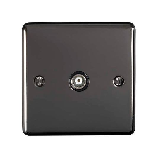 Eurolite Enhance Decorative TV in black nickel featuring a square design with a central connector and two mounting screws, made for seamless integration into home entertainment setups.