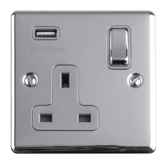Eurolite Enhance Decorative 1 Gang USB Socket in polished chrome featuring a standard UK plug socket and a USB charging port, designed with a sleek, reflective surface and a toggle switch.