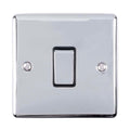 Eurolite Enhance Decorative 20Amp Switch in polished chrome finish, featuring a single toggle switch and two mounting screws, shown with a glossy surface.