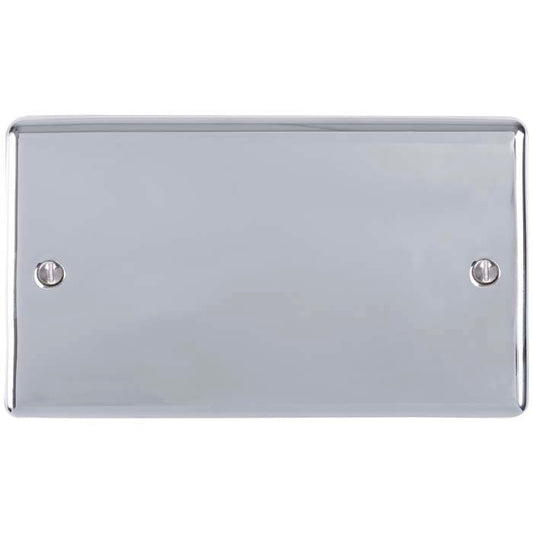 Eurolite Enhance Decorative Double Blank Plate in polished chrome, featuring a rectangular shape with rounded edges and two visible mounting screws.