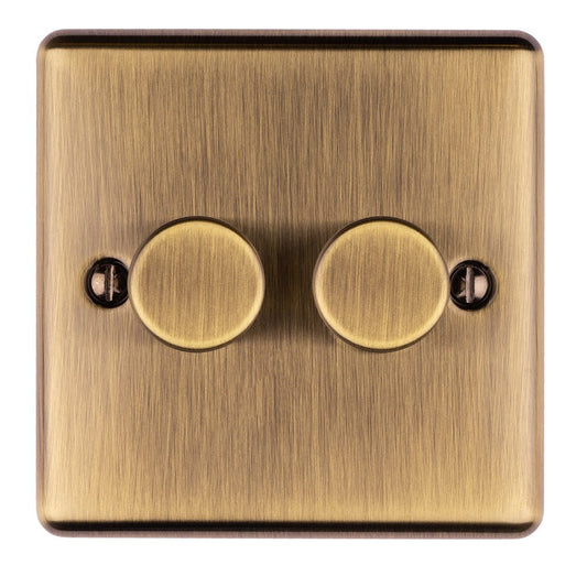 Eurolite Enhance Decorative 2 Gang Dimmer in antique finish, featuring two round dimmer knobs and a smooth brushed metal surface. This electrical dimmer is designed for wall installation.