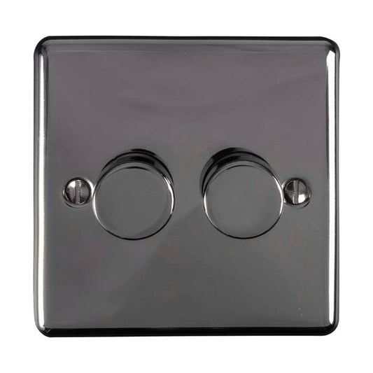 Eurolite Enhance Decorative 2 Gang Dimmer in black nickel finish, featuring two round control knobs positioned on a square plate, designed for adjusting lighting.